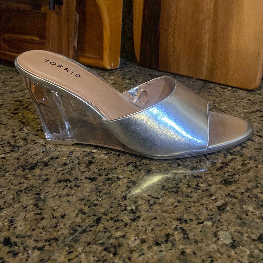 Torrid silver wedge clear lucite heels slides size 10WW